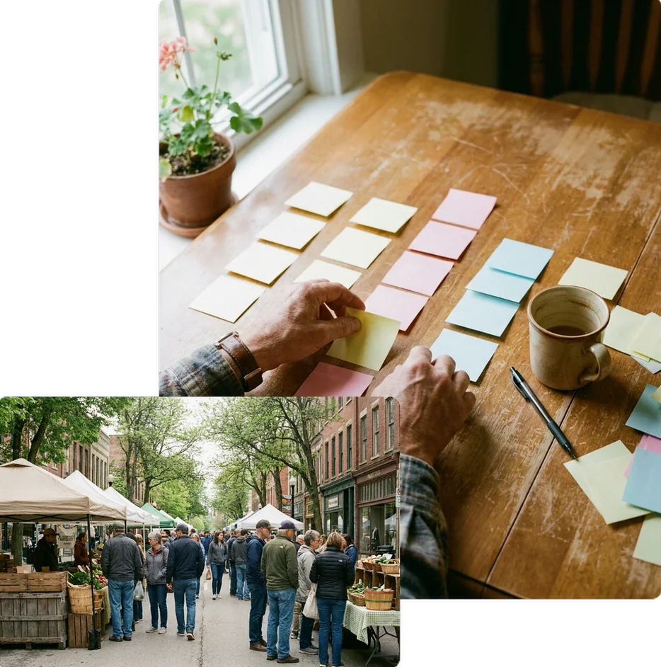 Two people arranging colored sticky notes into columns on a table.