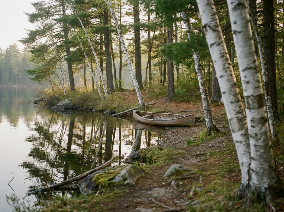 Lakeshore with birch and pine trees in late spring light.