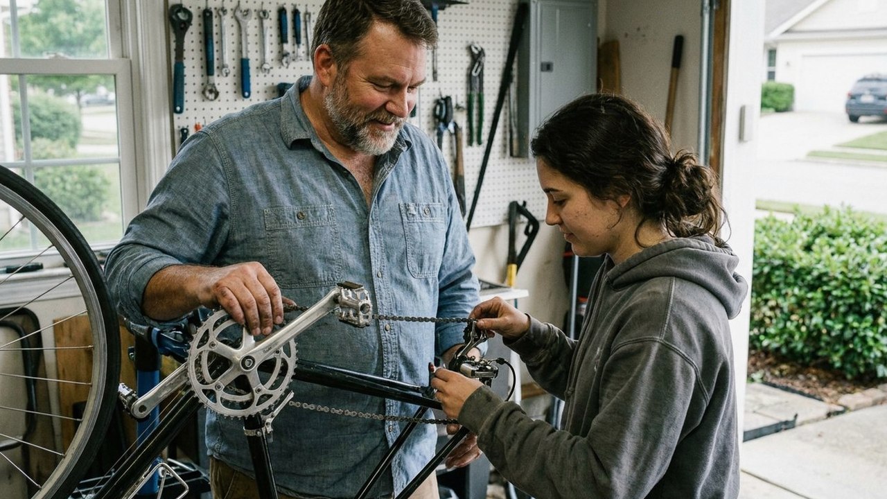 Father and adult daughter fitting a bike chain in garage