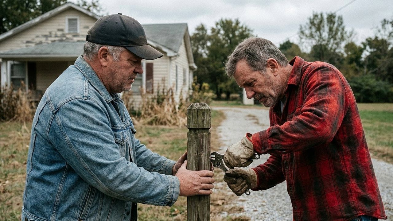 Two friends repairing a leaning mailbox post at driveway end