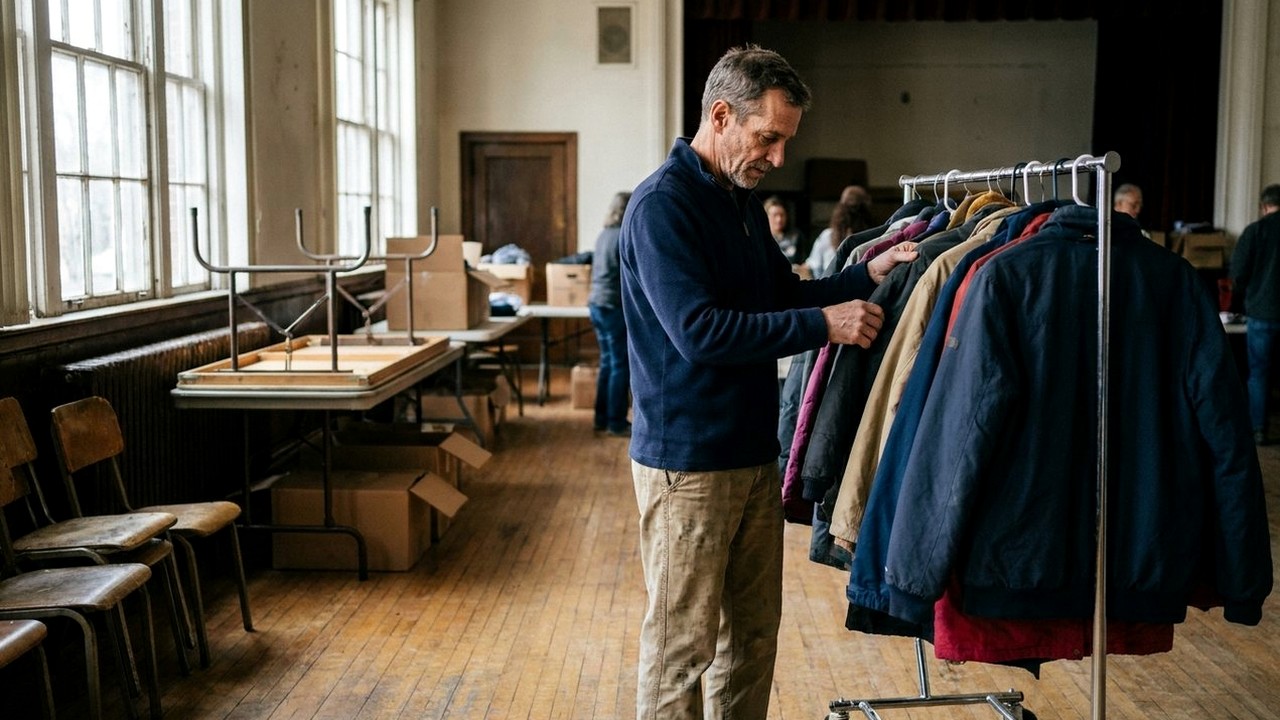 Man in navy sweater hangs donated coats on rack in hall