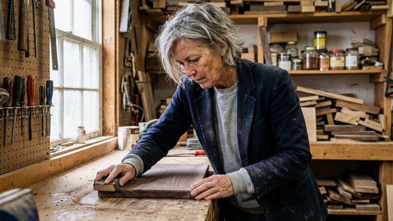 Woman in navy blazer sanding a walnut board in a small woodshop