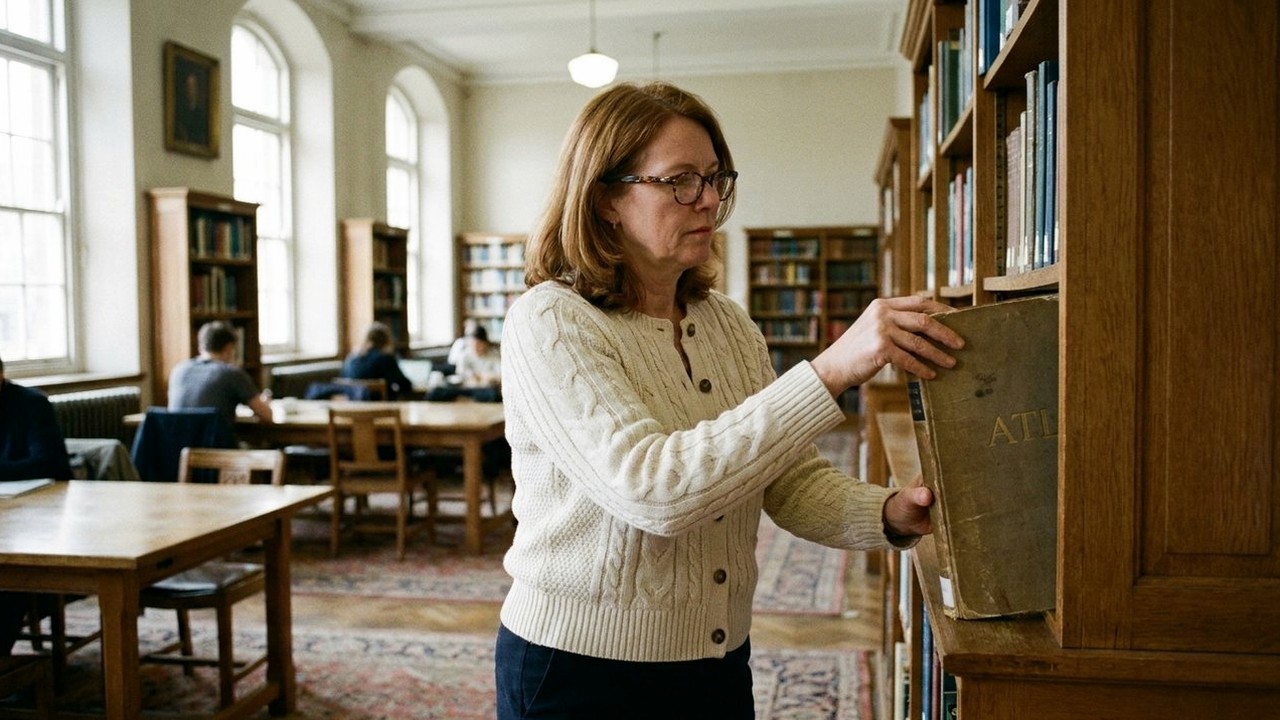 Woman in cream cardigan shelving an atlas in a library reading room