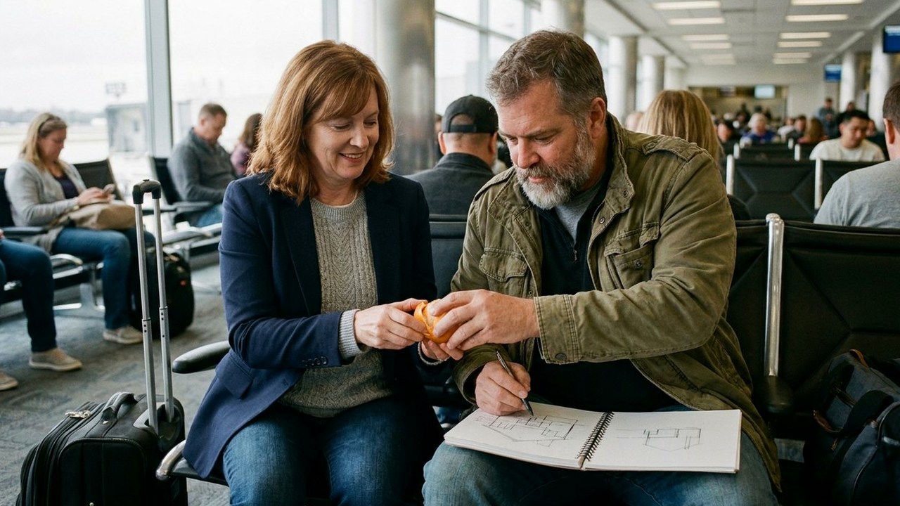 Executive couple sharing an orange while waiting at airport gate