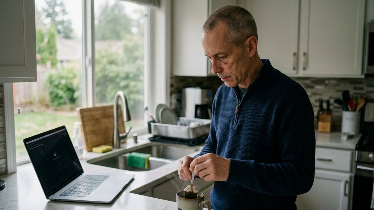 Man in navy sweater making tea at kitchen counter beside laptop