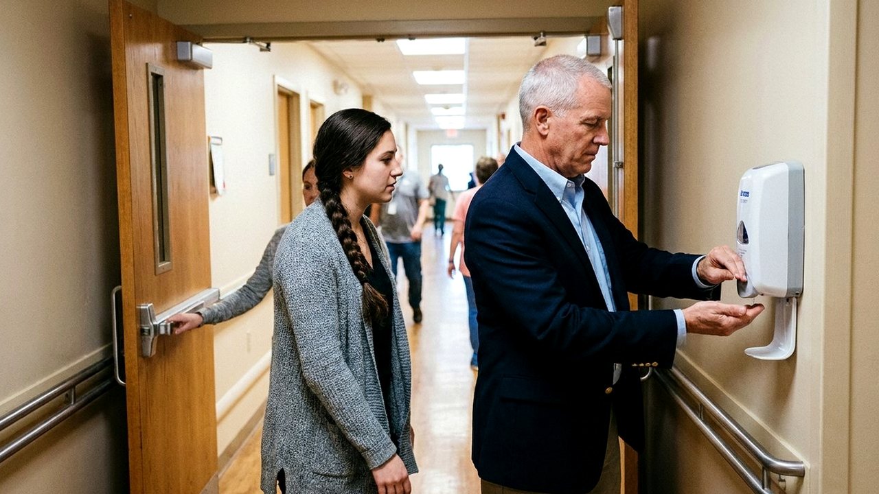 Executive using hand sanitizer as younger colleague holds clinic door