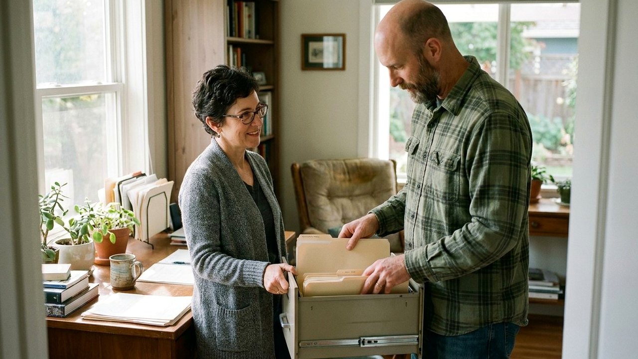 Couple filing folders into a drawer in a home office
