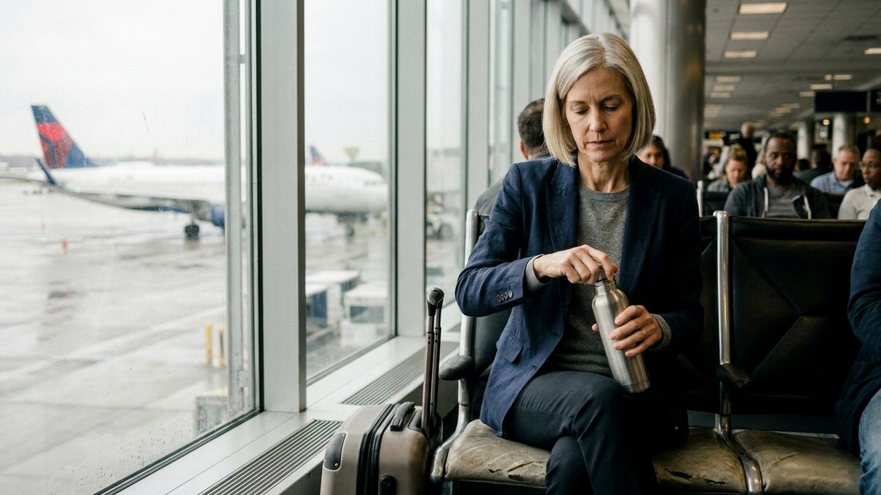 Executive in navy blazer waiting at airport gate by window