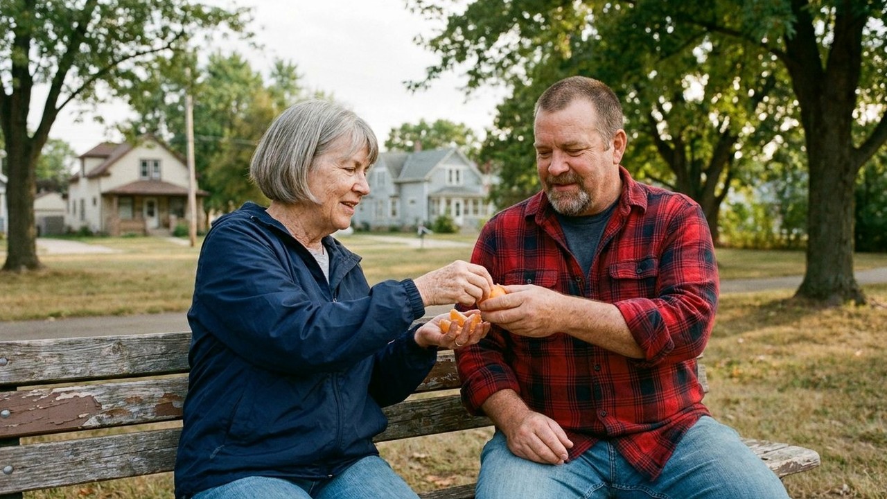 Two friends on a park bench sharing segments of an orange