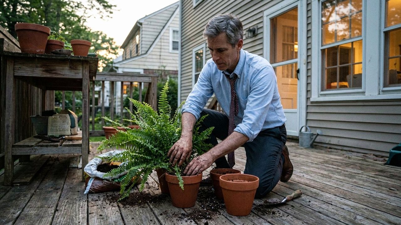 Man on back porch at dusk dividing a fern into pots