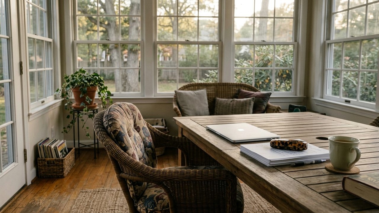 Sunroom table with closed laptop, statement stack and tea mug
