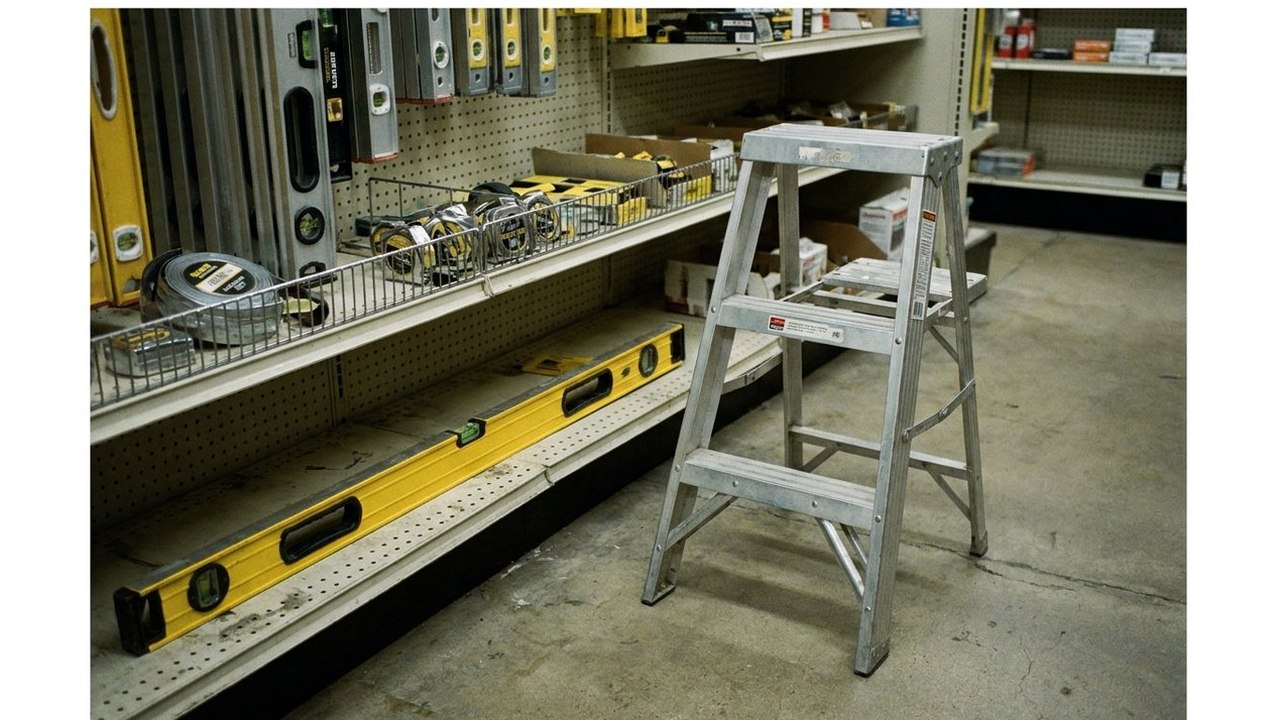 Empty hardware store aisle with step ladder and shelf of levels