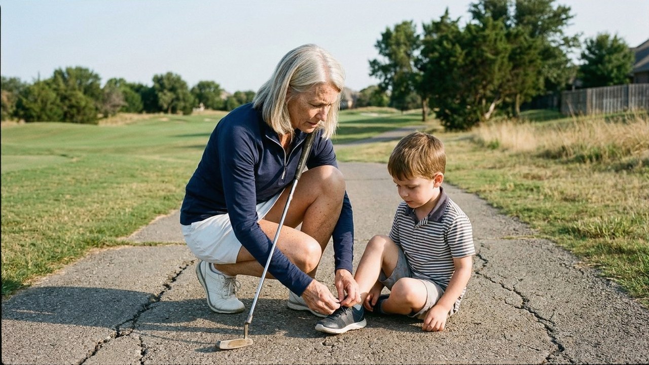 Executive woman tying grandson's shoe on a golf course path
