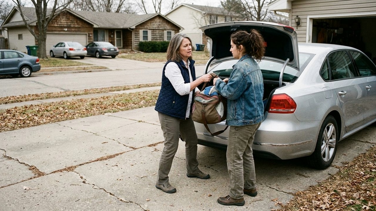 Woman and adult daughter lifting a duffel bag into a car trunk
