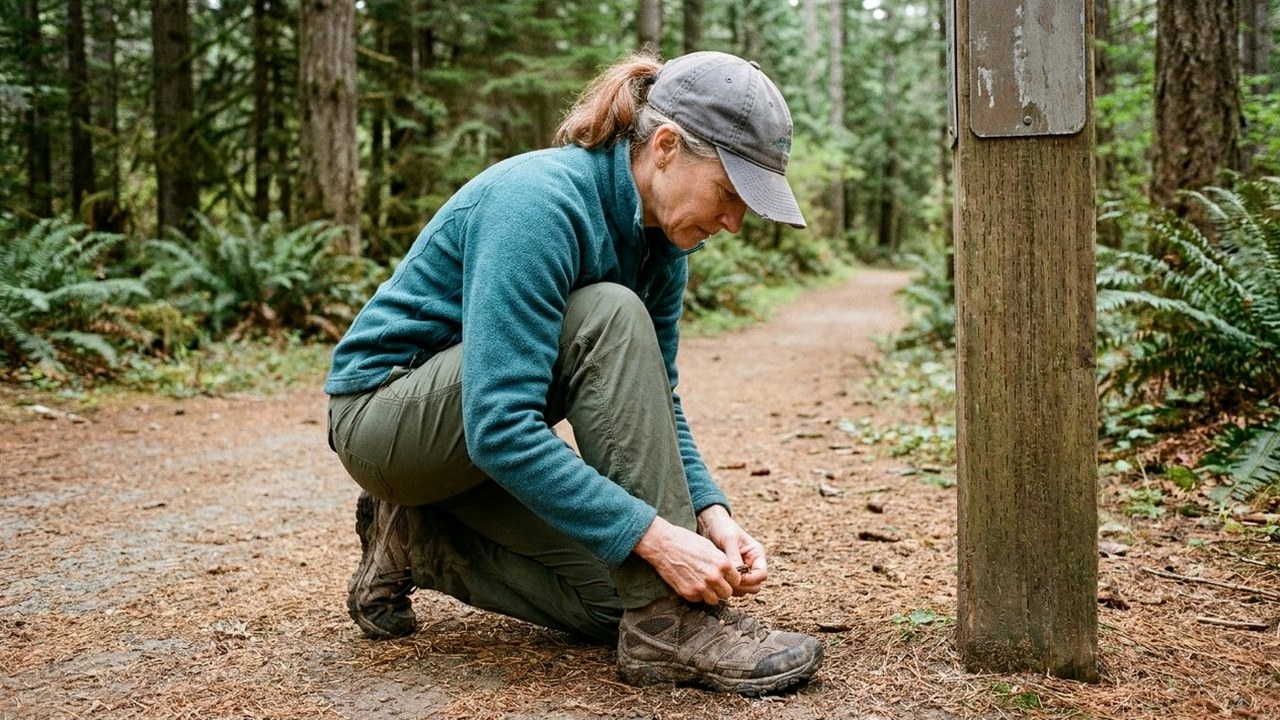 Woman in teal fleece tying her hiking boot at a trailhead