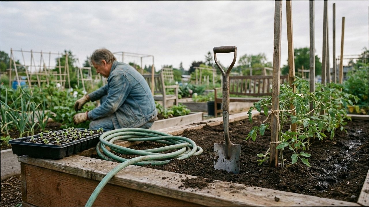 Empty community garden bed with staked tomato seedlings and trowel