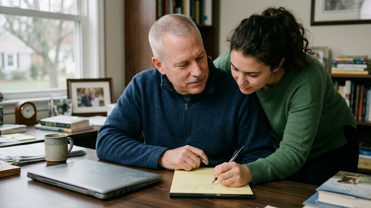Executive and adult daughter reviewing handwritten notes at study desk