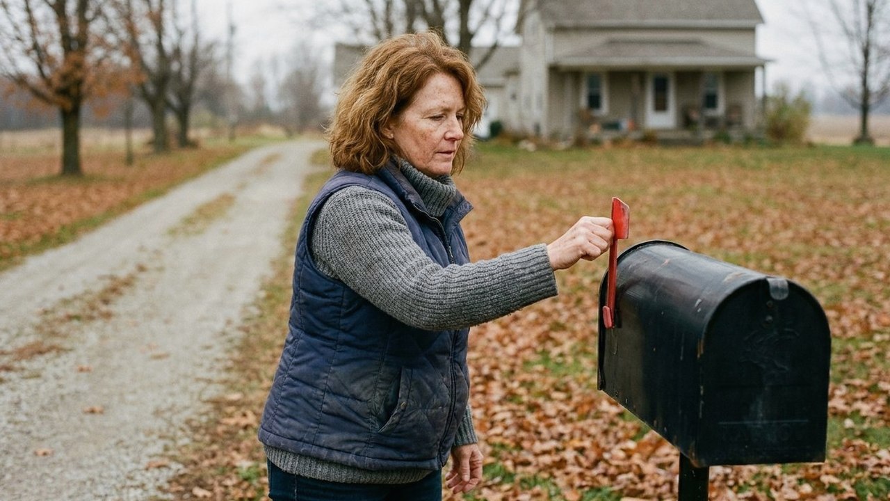 Woman raising the flag on a mailbox beside a gravel driveway