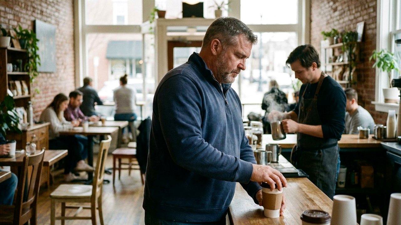 Gray-haired man in navy sweater lidding a coffee at a counter